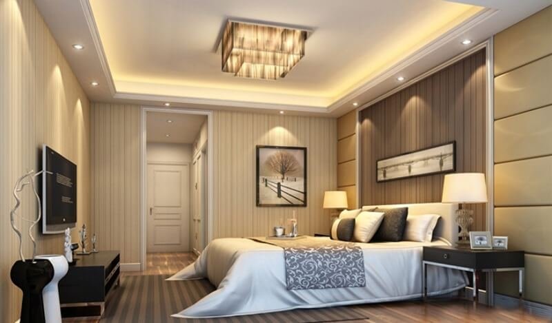 Phòng ngủ sang trọng với giường lớn, đèn trần hiện đại, nội thất tinh tế và ánh sáng ấm áp tạo không gian thư giãn hoàn hảo.