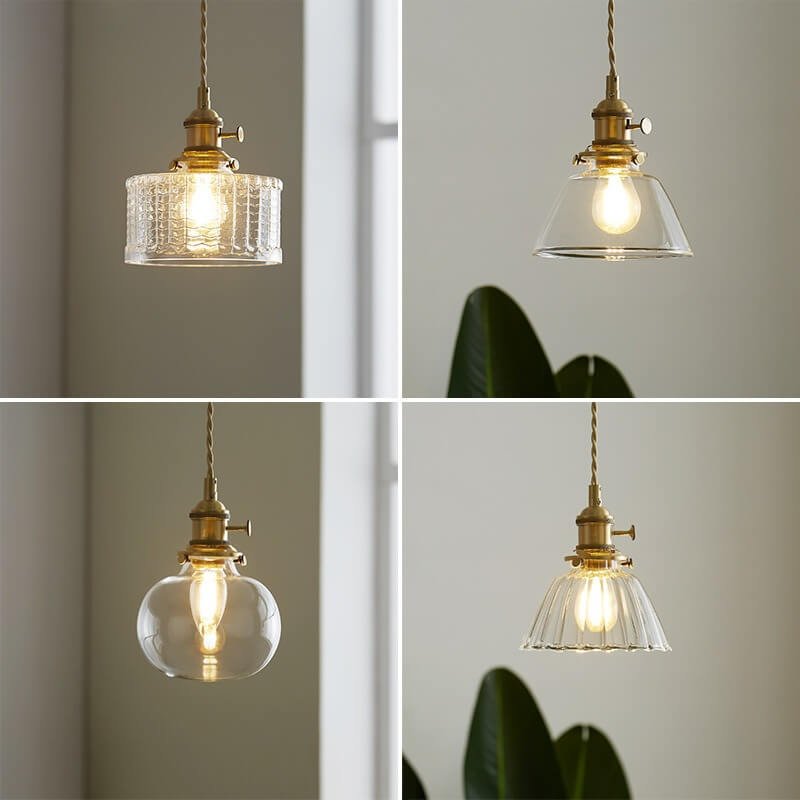 Bốn đèn treo trần hiện đại với thiết kế thủy tinh đa dạng, phù hợp trang trí không gian sống tối giản và tinh tế.