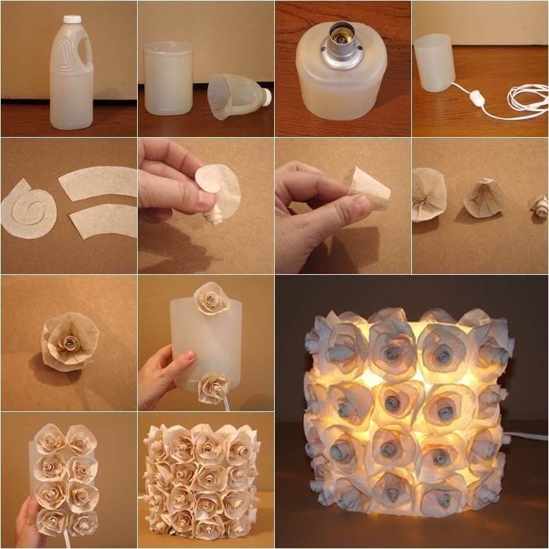 Hướng dẫn làm đèn từ chai nhựa tái chế, giấy xoắn thành hoa trang trí tạo hiệu ứng ánh sáng đẹp mắt.