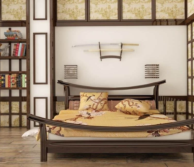 Phòng ngủ phong cách Nhật Bản với giường gỗ, kệ sách và tranh tường, tạo không gian ấm cúng và cổ điển.