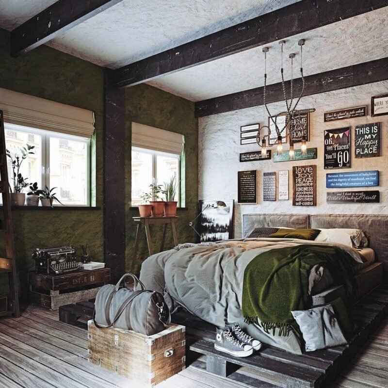 trang trí phòng ngủ theo phong cách vintage với tường xanh, giường pallet, và trang trí tranh chữ