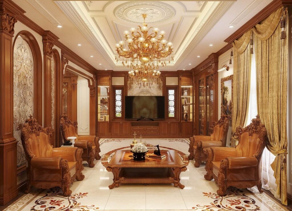 Trang trí đồ gỗ cho phòng khách với nội thất gỗ trang trí tinh xảo và đèn chùm lớn
