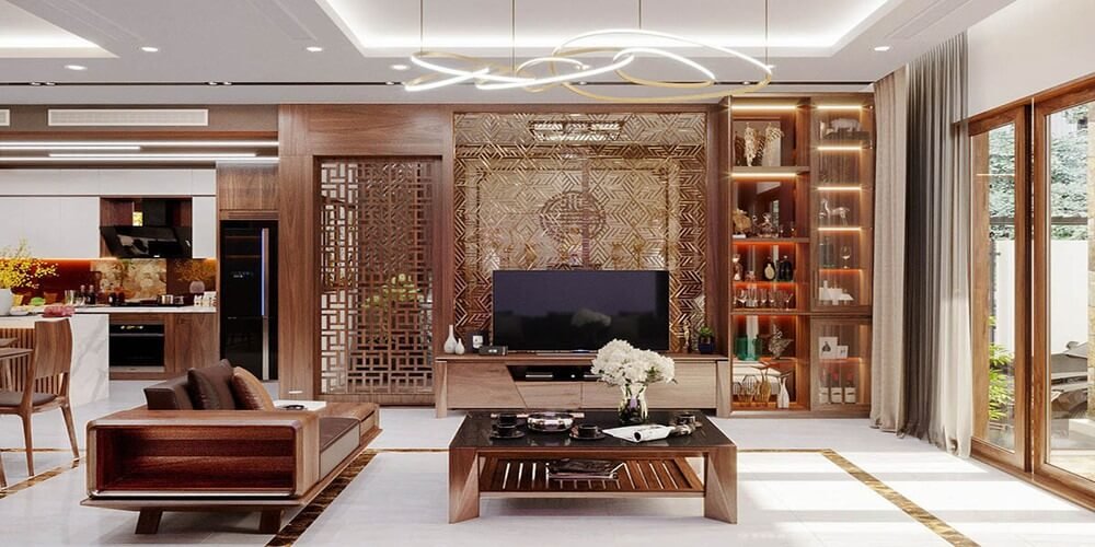 Trang trí đồ gỗ cho phòng khách với nội thất gỗ sang trọng, tủ trang trí và cửa sổ lớn, ánh sáng tự nhiên