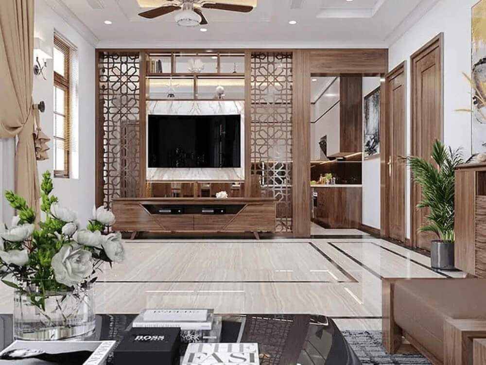 45 mẫu vách ngăn trang trí phòng khách tuyệt đẹp hiện đại với nội thất gỗ sang trọng, hoa trang trí và không gian mở sáng