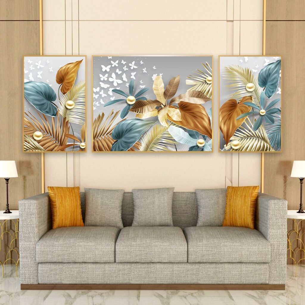 cách trang trí ghế sofa phòng khách với tranh treo tường hoa lá màu sắc tươi sáng
