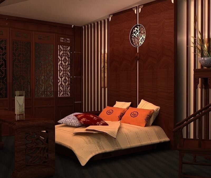 Phòng ngủ phong cách truyền thống châu Á, nội thất gỗ sang trọng với giường ngủ ấm cúng và đèn trang trí tinh tế.