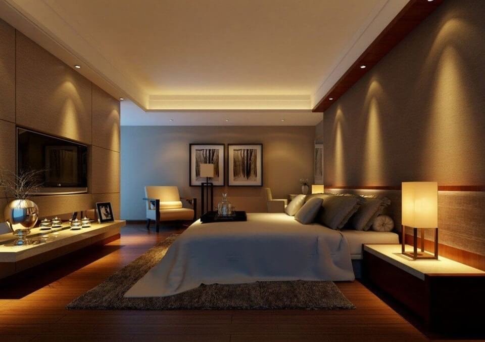 ý tưởng trang trí phòng ngủ với ánh sáng ấm áp, nội thất gỗ và trang trí tinh tế